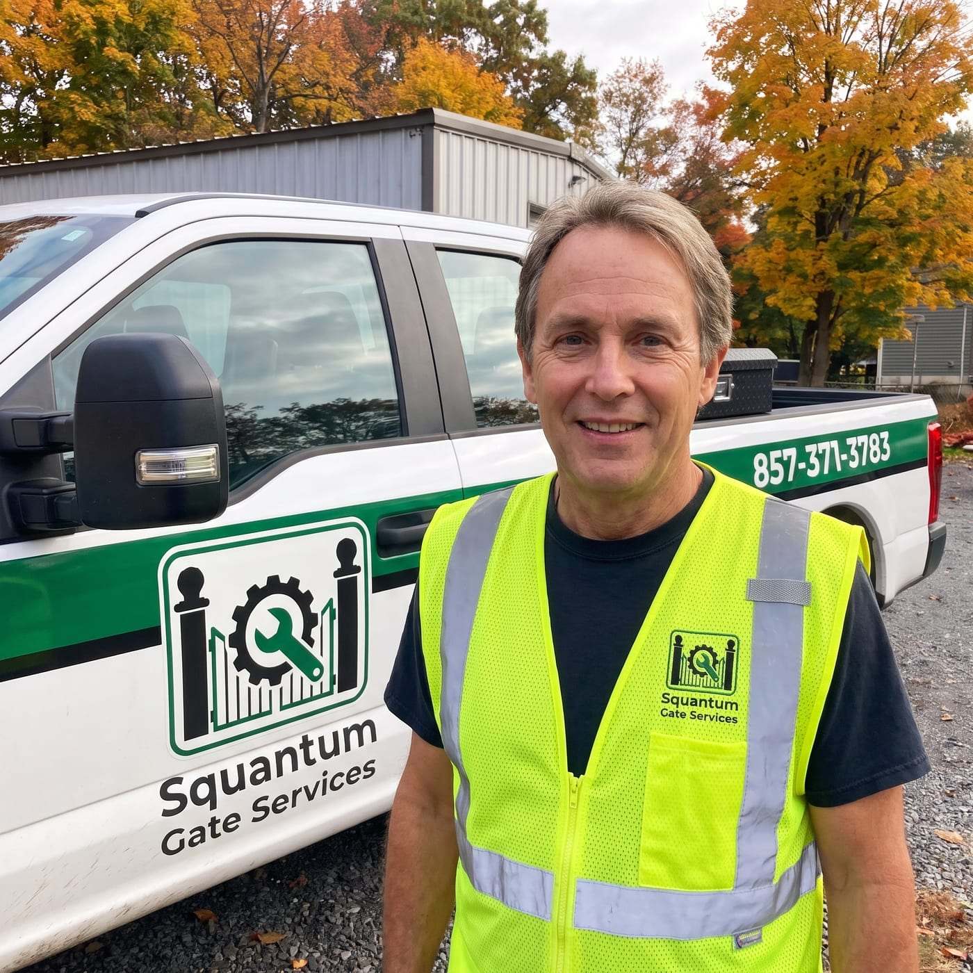 Caleb Foster in a hi-vis vest beside the company pickup in the work yard