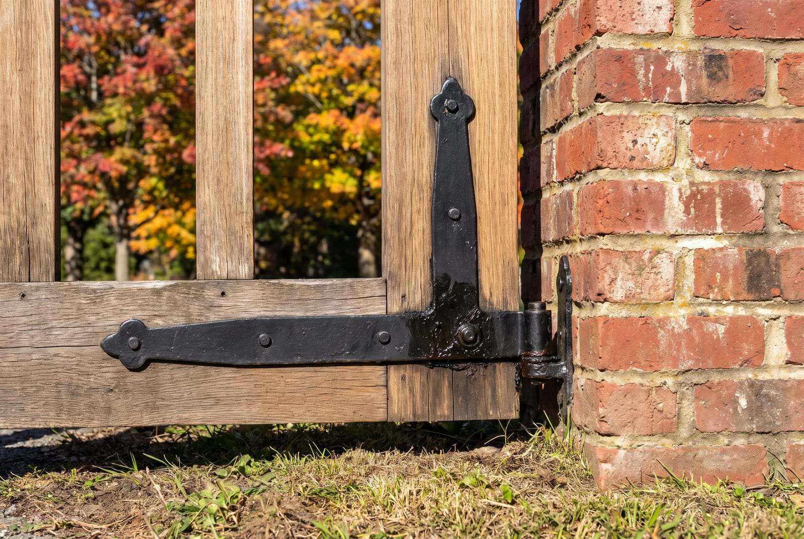 Black strap hinge, freshly greased, on a cedar driveway gate hung from a red-brick pillar