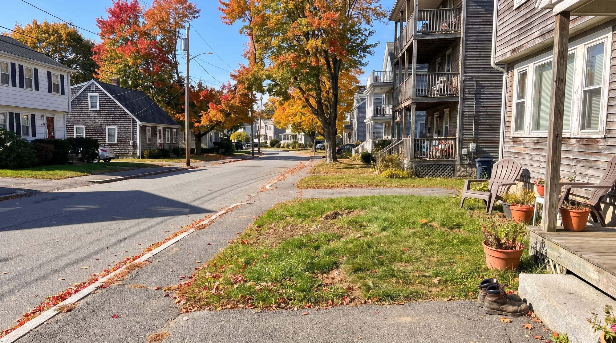Residential street of colonials, Cape Cods and triple-deckers under autumn maples